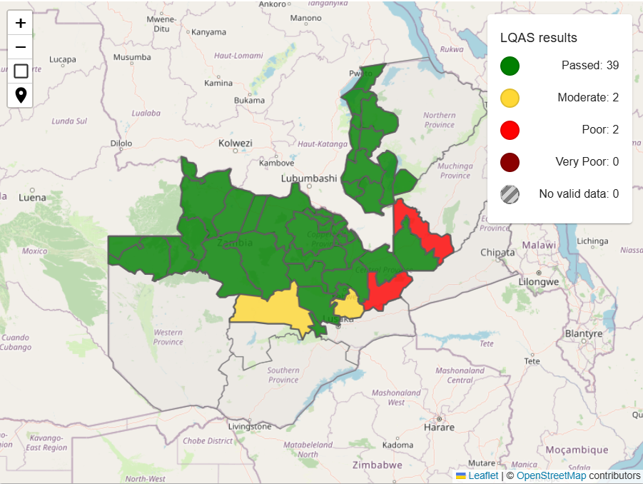 LQAS Results:allows users to understand the results of a LQAS survey after a polio campaign has occurred, visualized on a map on the AFRO region or at country/district level.